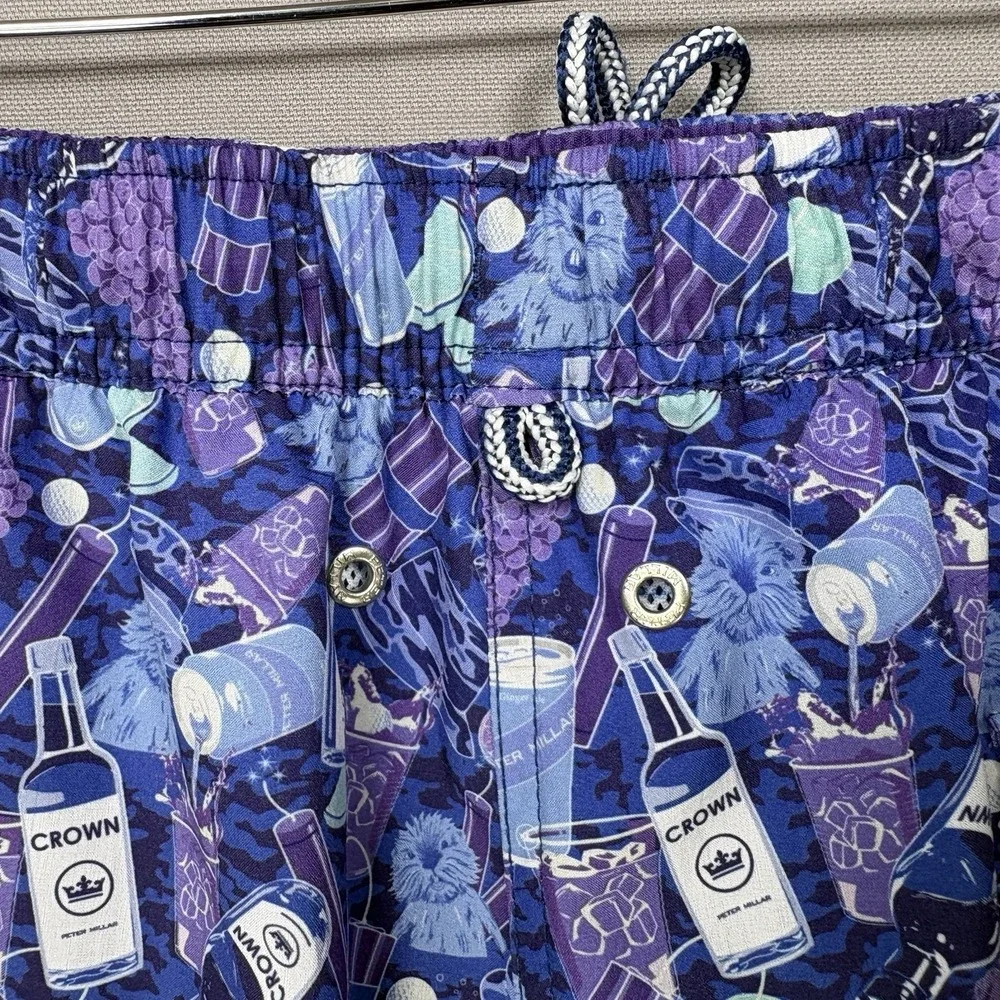 Peter Millar Seaside Performance Swim Trunks Mens XL AOP Purple Bottle Print EUC